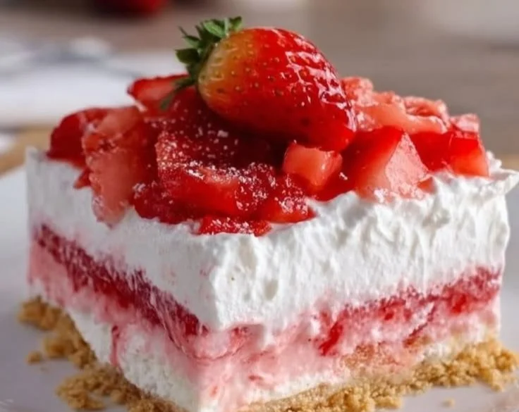 No Bake Strawberry Lasagna dessert with layers of strawberries and cream