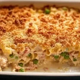 Delicious no-soup tuna noodle casserole dish garnished with parsley