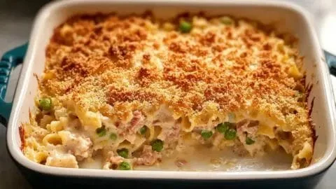 Delicious no-soup tuna noodle casserole dish garnished with parsley
