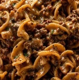 One-pan beef noodles dish showcasing tender beef and savory noodles.