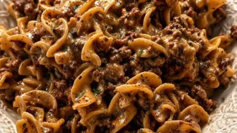 One-pan beef noodles dish showcasing tender beef and savory noodles.