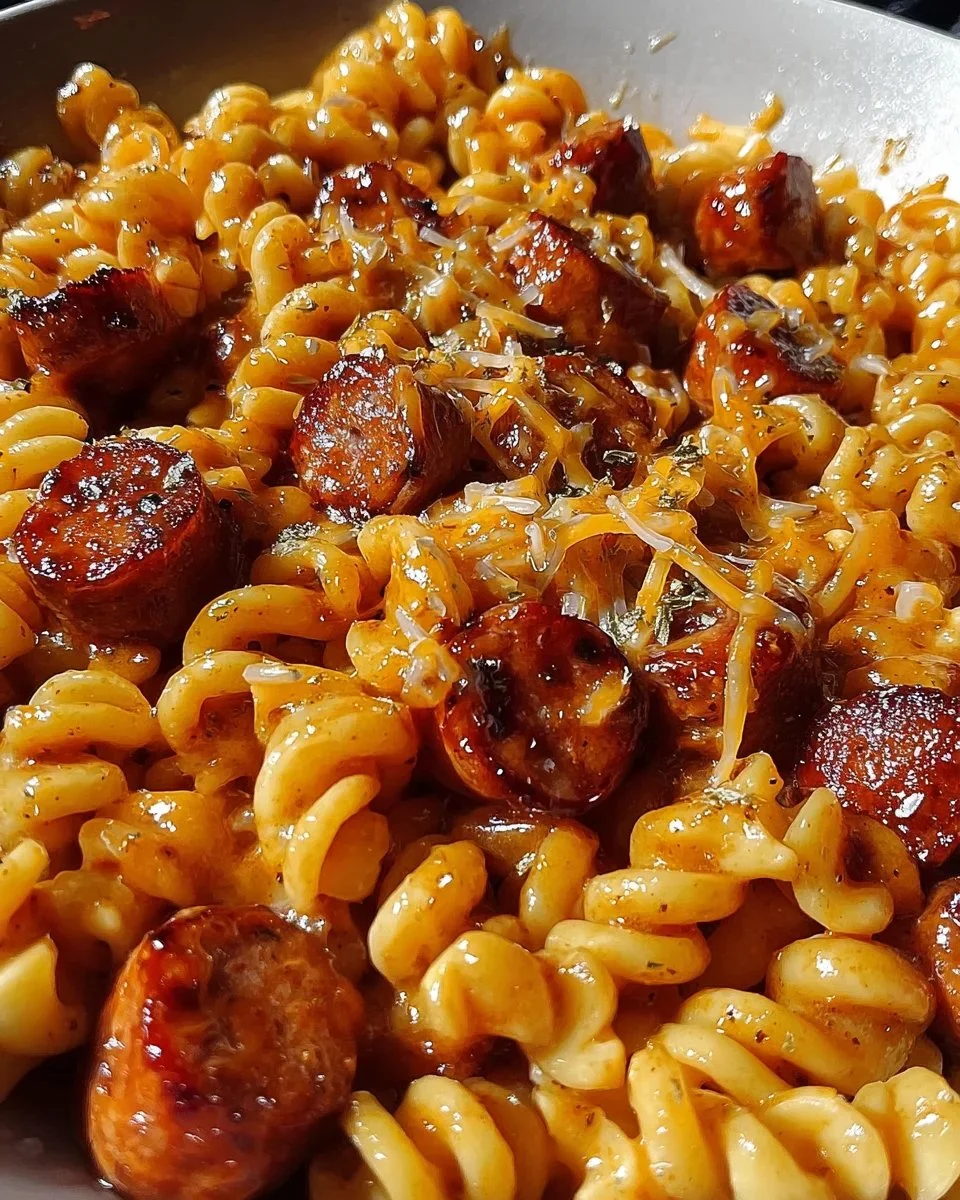 One-pot honey BBQ sausage pasta served in a stylish bowl.