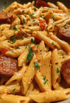 One-pot creamy spicy Cajun sausage pasta served in a bowl with herbs