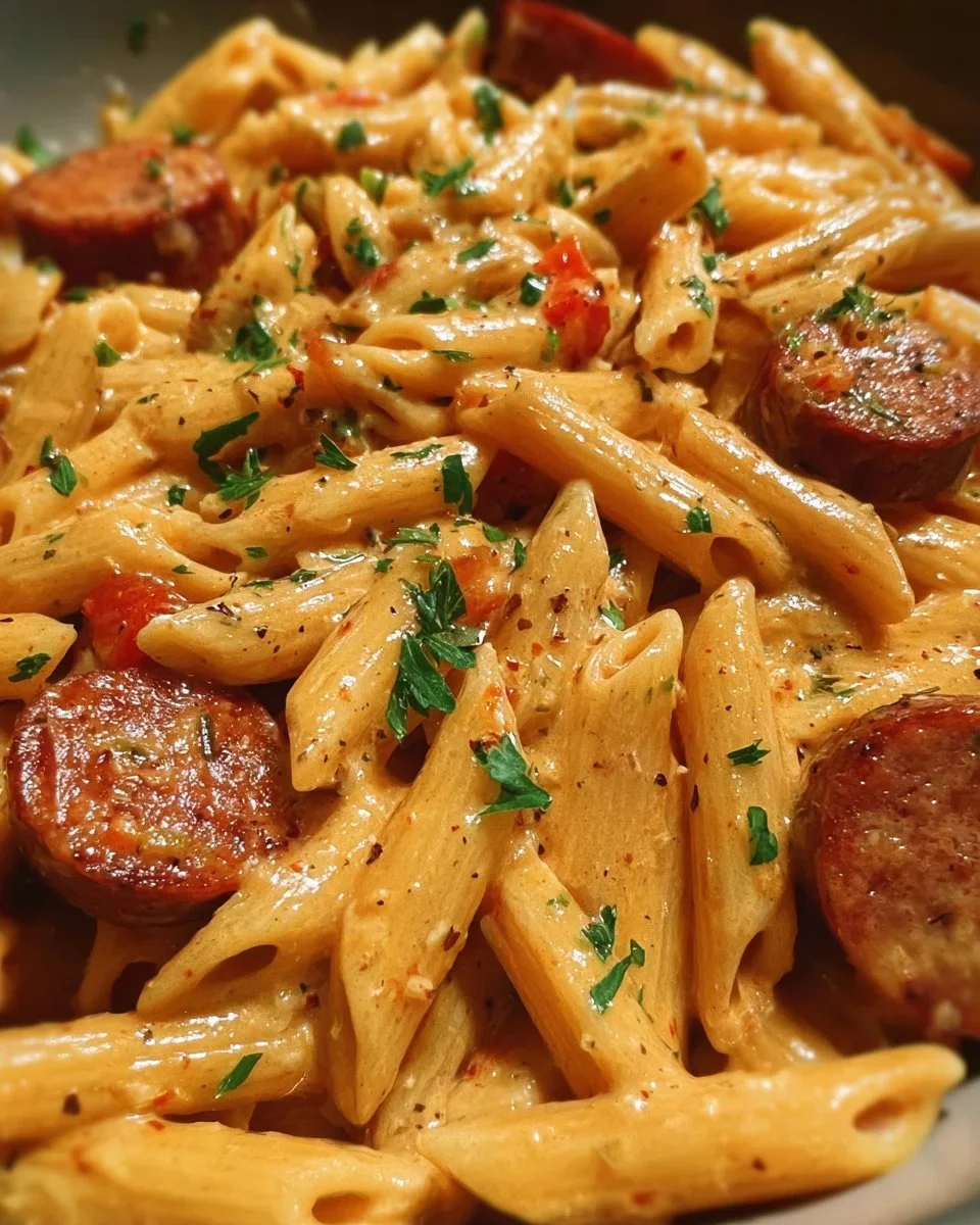 One-pot creamy spicy Cajun sausage pasta served in a bowl with herbs