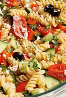 Colorful pasta salad with fresh vegetables and herbs in a bowl