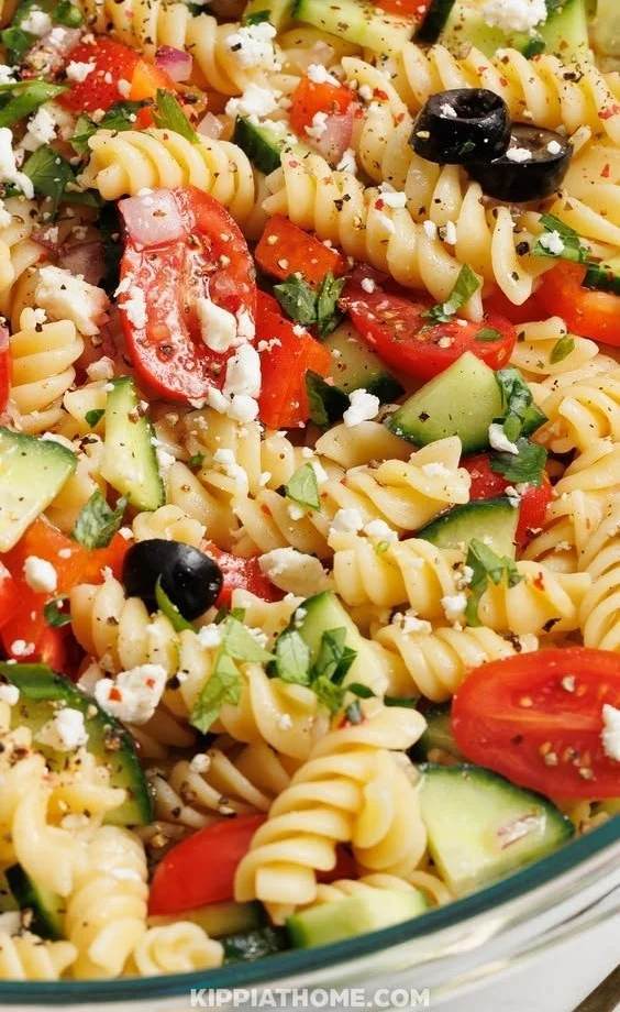 Colorful pasta salad with fresh vegetables and herbs in a bowl