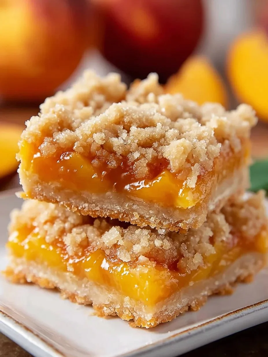 Delicious peach crumb bars topped with a golden crumb topping