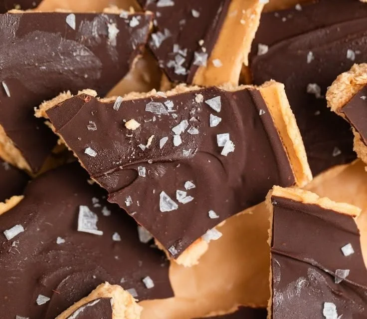 Delicious Peanut Butter Chocolate Greek Yogurt Bark sliced on a plate