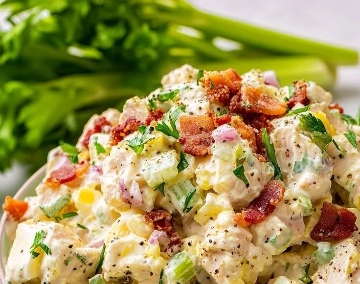 Protein-packed chicken and egg salad in a bowl with fresh greens and herbs
