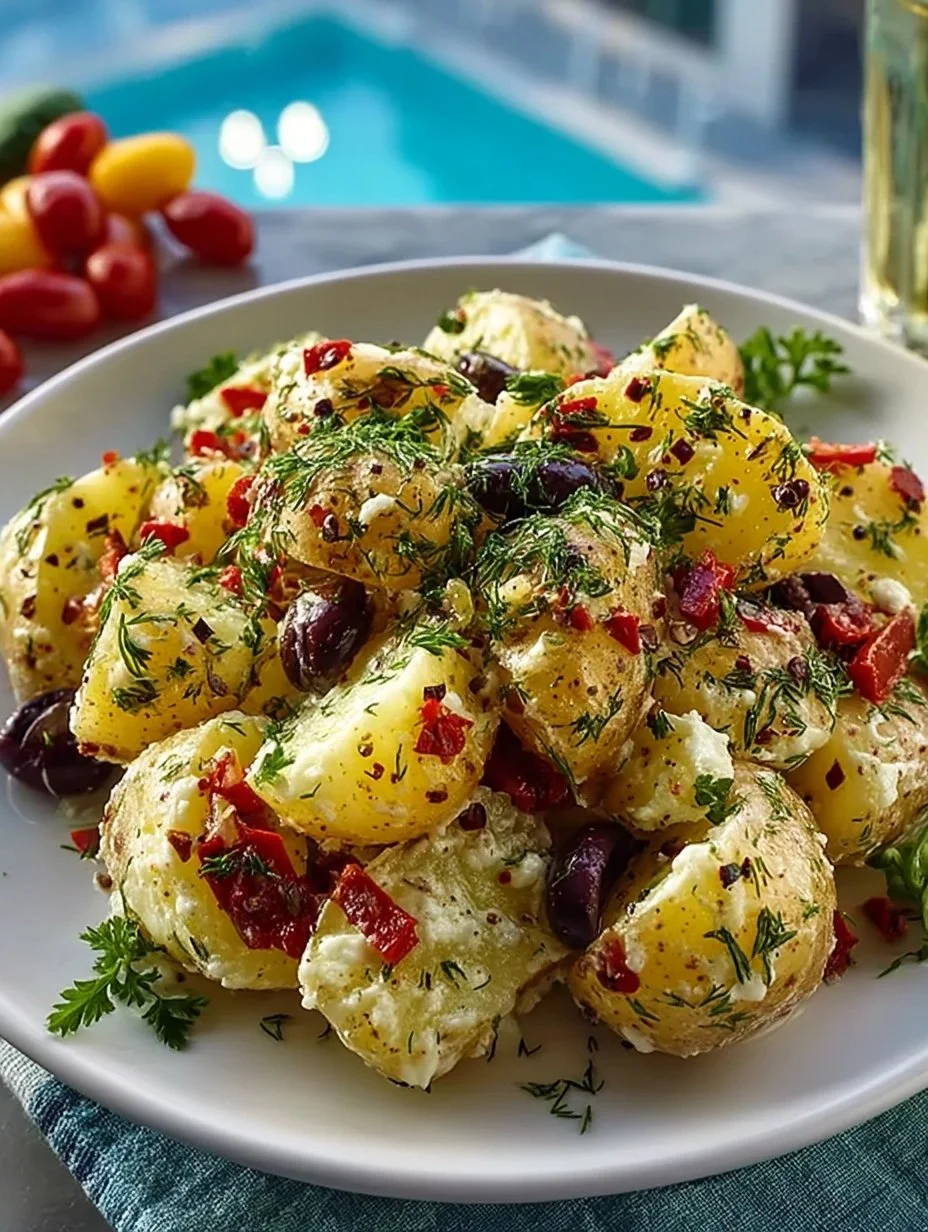Delicious quick Mediterranean potato salad with fresh vegetables and herbs