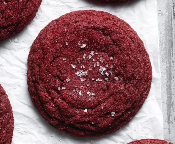 Homemade red velvet cookies with cream cheese frosting on a plate