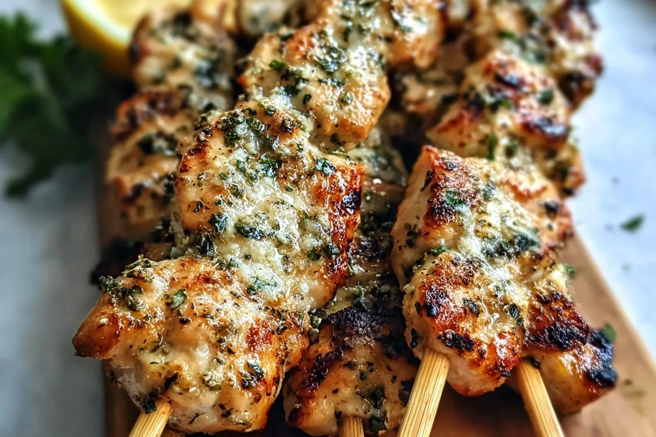 Savory garlic parmesan chicken skewers on a grill, perfect for summer BBQs