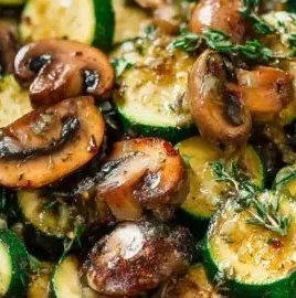 Sautéed skillet zucchini and mushrooms in a pan, showcasing vibrant colors and texture.