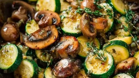 Sautéed skillet zucchini and mushrooms in a pan, showcasing vibrant colors and texture.