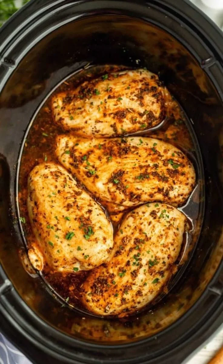 Delicious slow cooker chicken breasts cooked to perfection with herbs and spices.