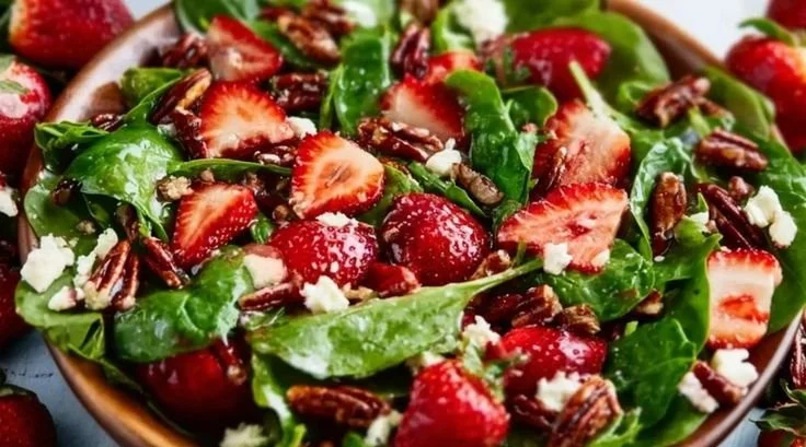 Spinach strawberry salad with pecans served in a bowl