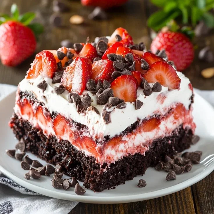 Strawberry Earthquake Cake topped with fresh strawberries and cream cheese swirl.