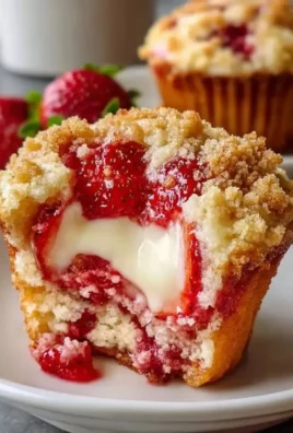 Delicious strawberry muffins filled with cream cheese on a wooden table