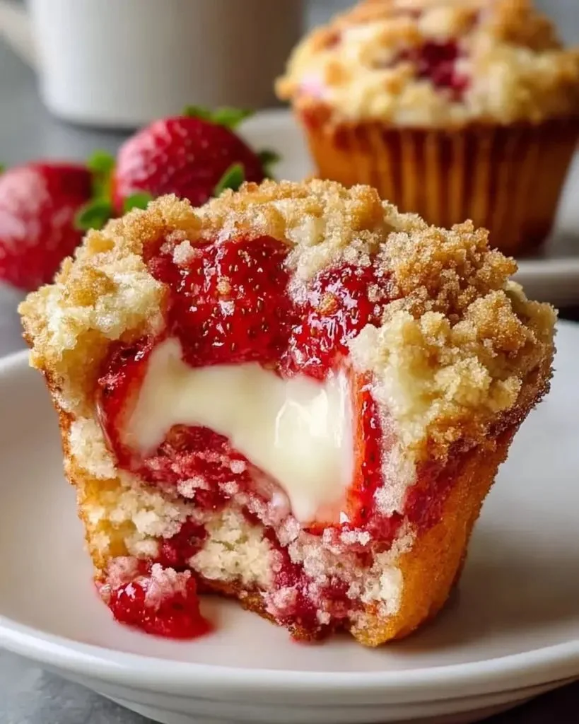 Delicious strawberry muffins filled with cream cheese on a wooden table