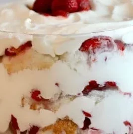 Delicious strawberry trifle layered with angel food cake and fresh strawberries