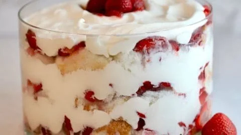 Delicious strawberry trifle layered with angel food cake and fresh strawberries