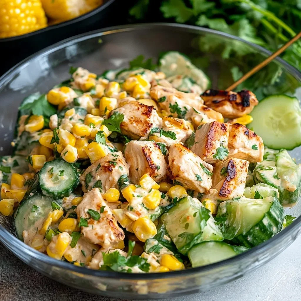 Delicious Street Corn Creamy Cucumber Chicken Salad on a plate