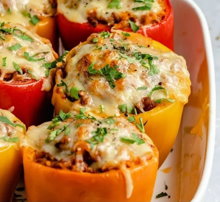 Colorful stuffed bell peppers filled with rice, vegetables, and spices.