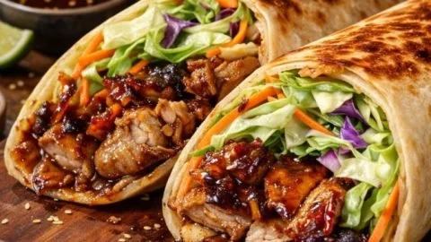 Delicious Teriyaki Chicken Wrap served with fresh vegetables