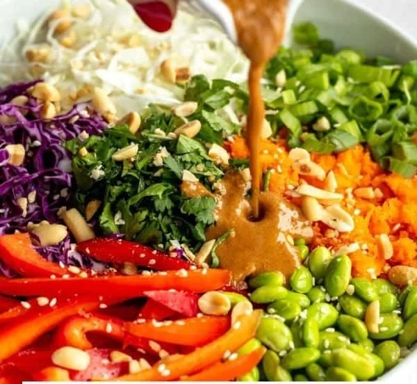 Thai Peanut Chicken Crunch Salad with colorful vegetables and creamy peanut dressing