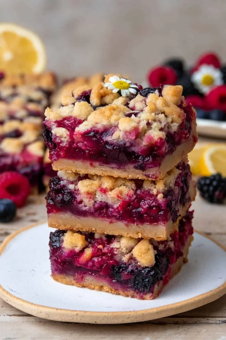 Triple Berry Crumble Bars with a crunchy topping and mixed berries