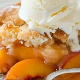 Delicious vegan peach cobbler topped with a golden crust and fresh peaches