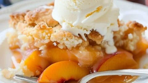 Delicious vegan peach cobbler topped with a golden crust and fresh peaches