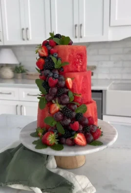 A stunning Watermelon Cake made with fresh fruit layers and cream frosting.