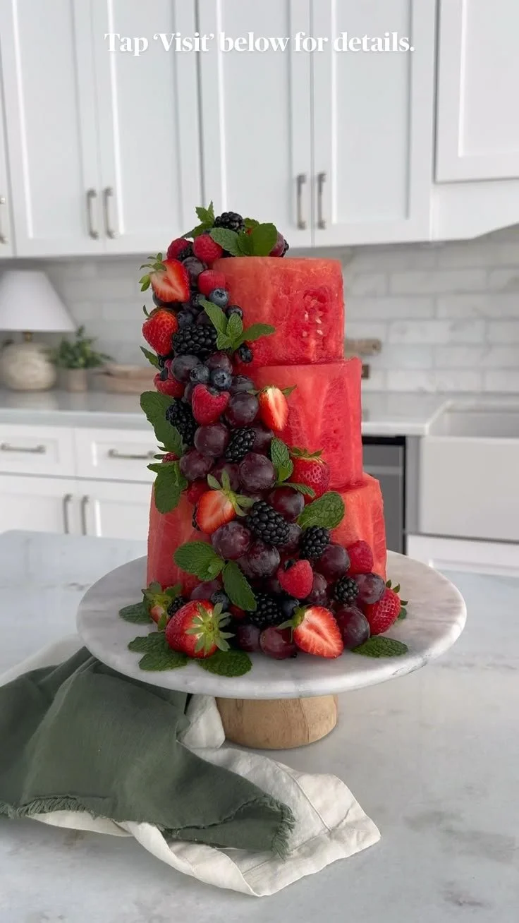 A stunning Watermelon Cake made with fresh fruit layers and cream frosting.