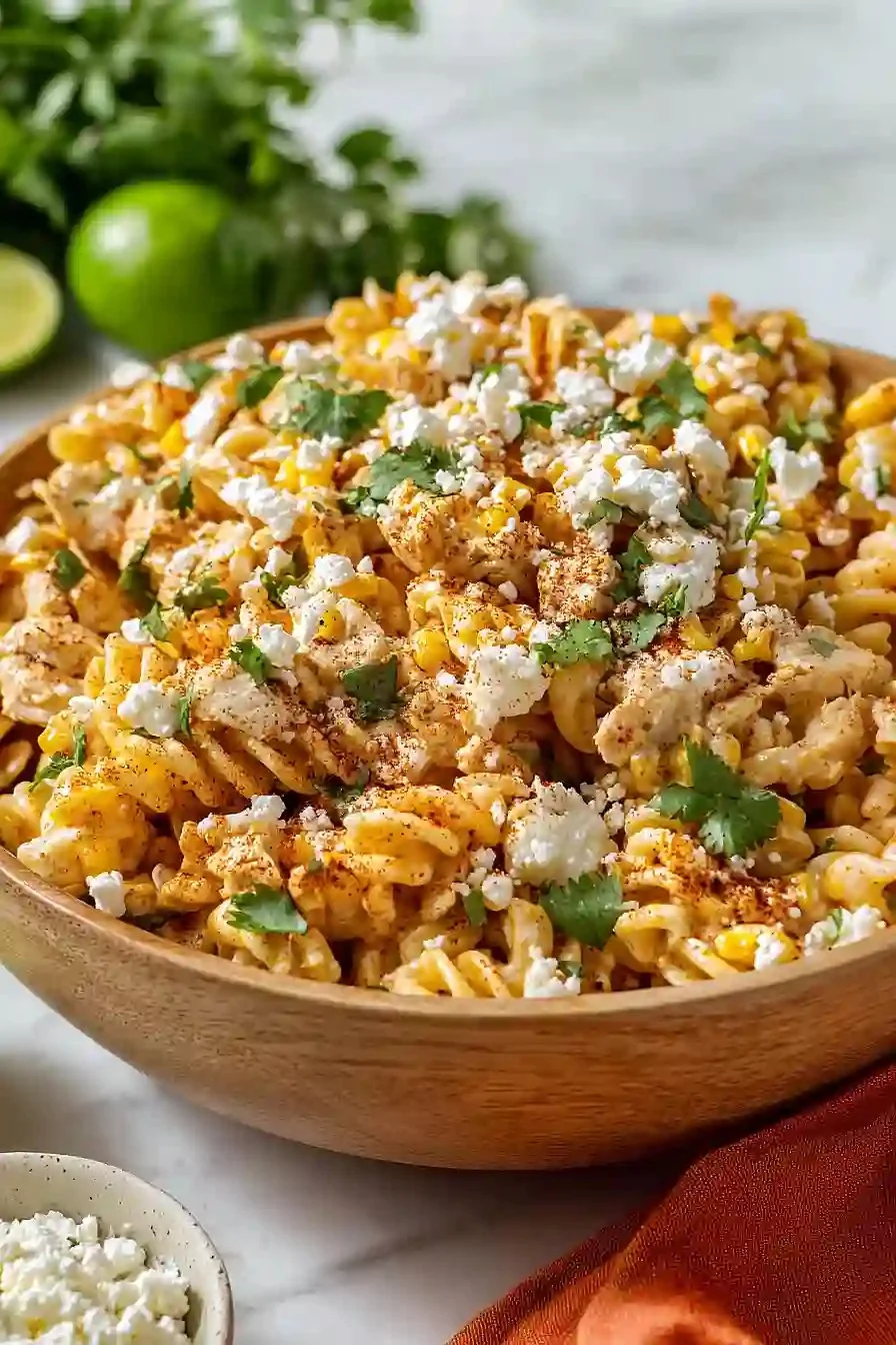 Zesty Mexican Street Corn Pasta Salad with chicken and fresh ingredients